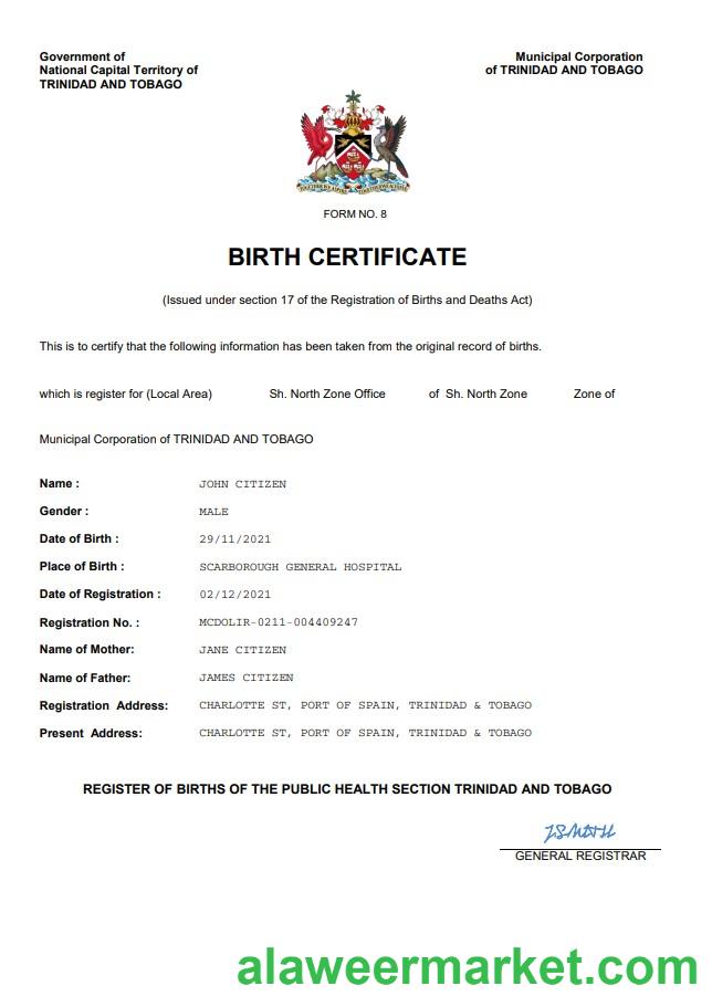 Trinidad & Tobago birth certificate Word and PDF template